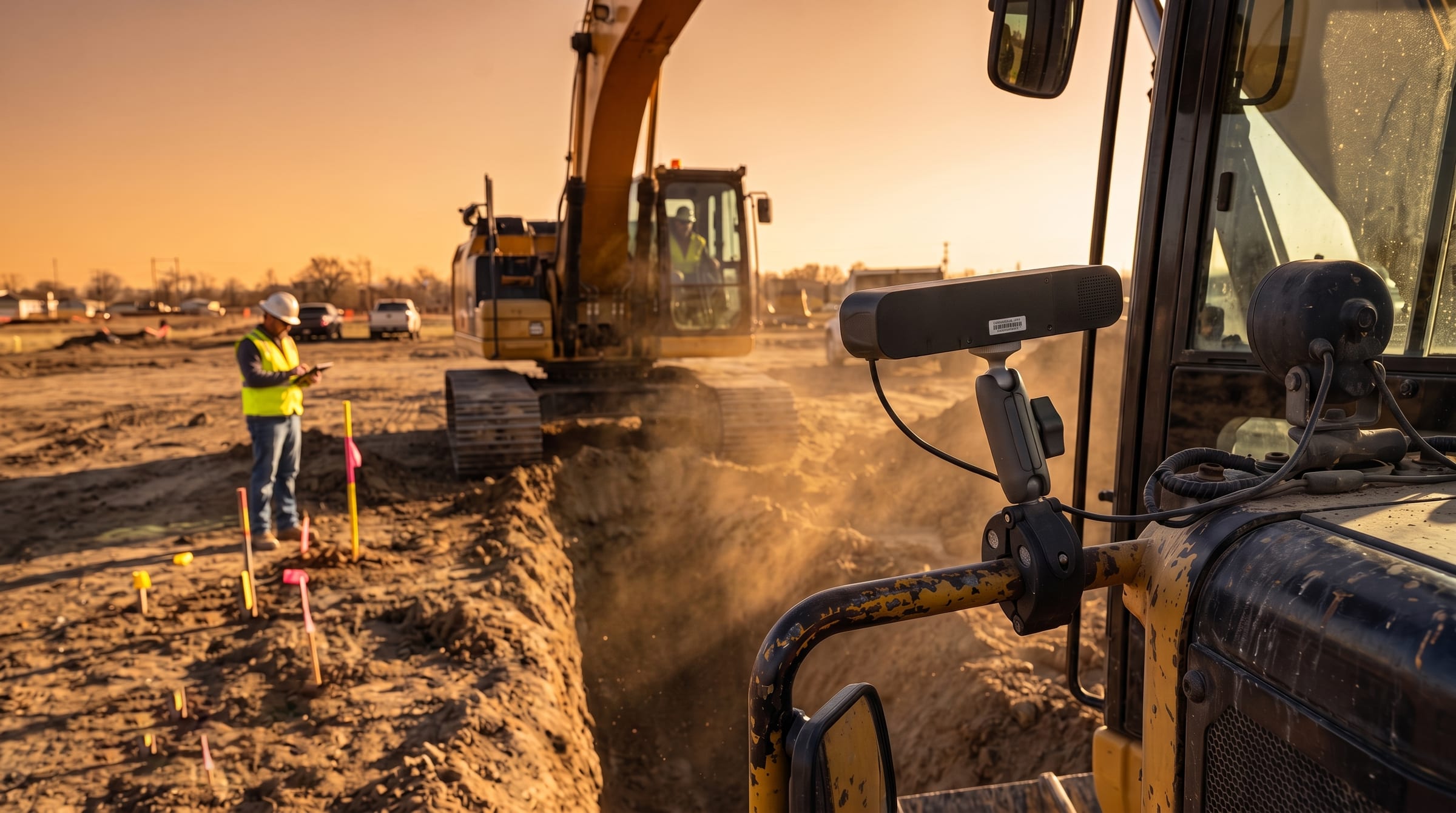 A jobsite at golden hour: a foreman with a tablet beside an excavator, with a Dozer camera unit mounted on the machine in the foreground